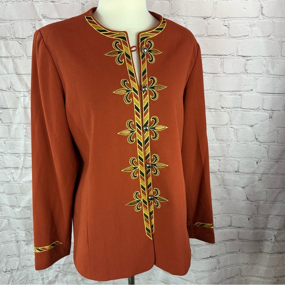 Bob Mackie rust Orange Embroidered Collarless Blazer jacket women L statement
